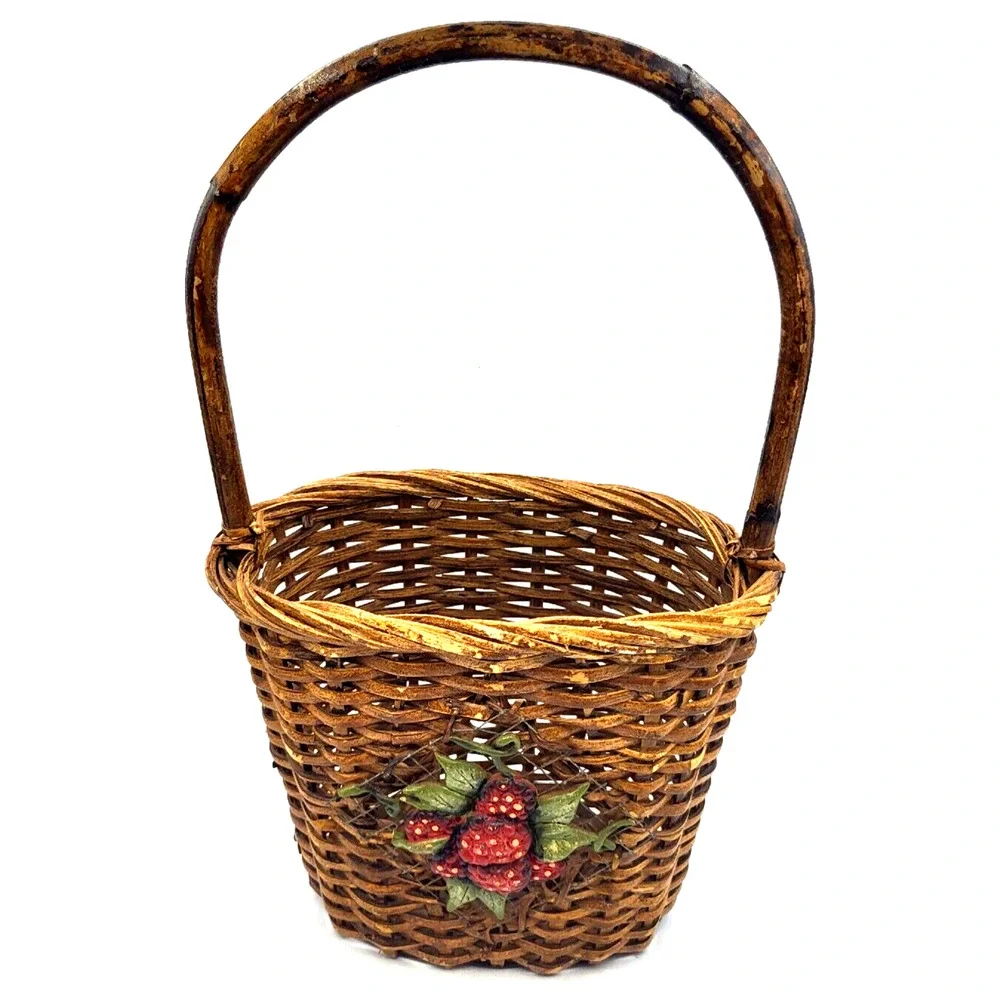 Vintage Farmhouse Basket with Strawberries Bamboo Handle 17x6